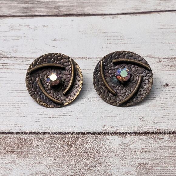 Vintage Clip On Earrings Metal Circle with Iridescent Gems - Picture 3 of 10
